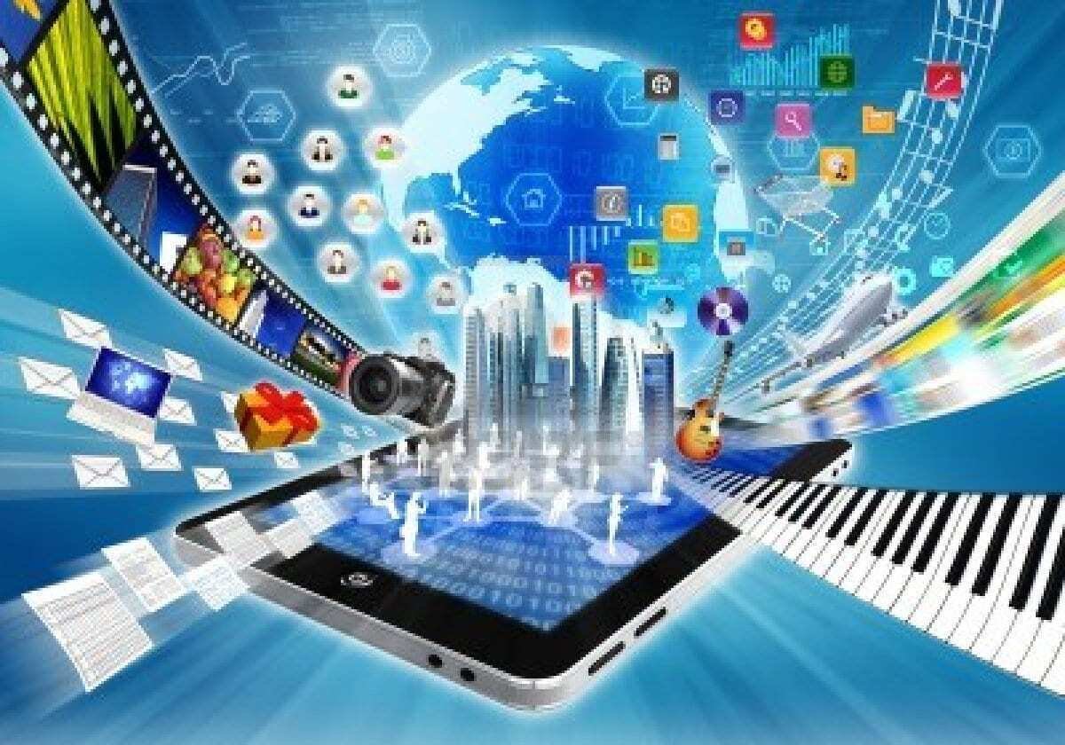 Music, video, photos and apps stream out of a tablet, showing the digital content Gen Z expects